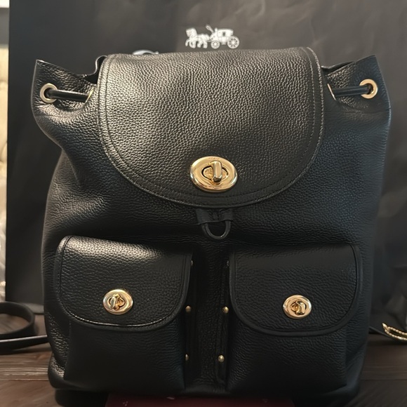 Coach Black Leather Backpack with Gold Accents - Picture 1 of 3